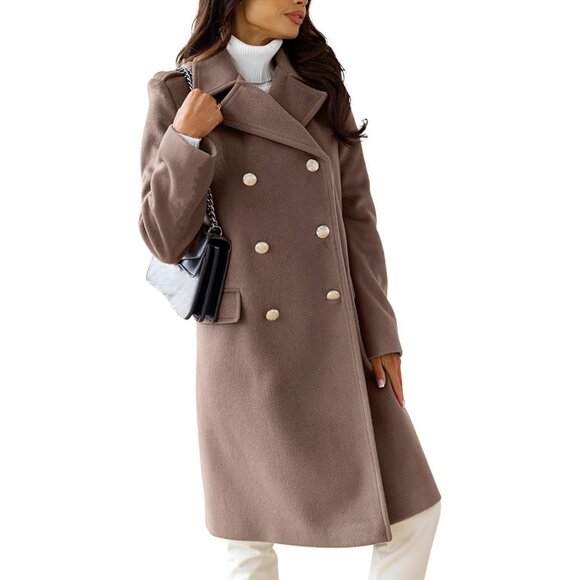 Women's Khaki Double-Breasted Wool Blend Winter Jacket Warm Long Trench Coat - Picture 3 of 6